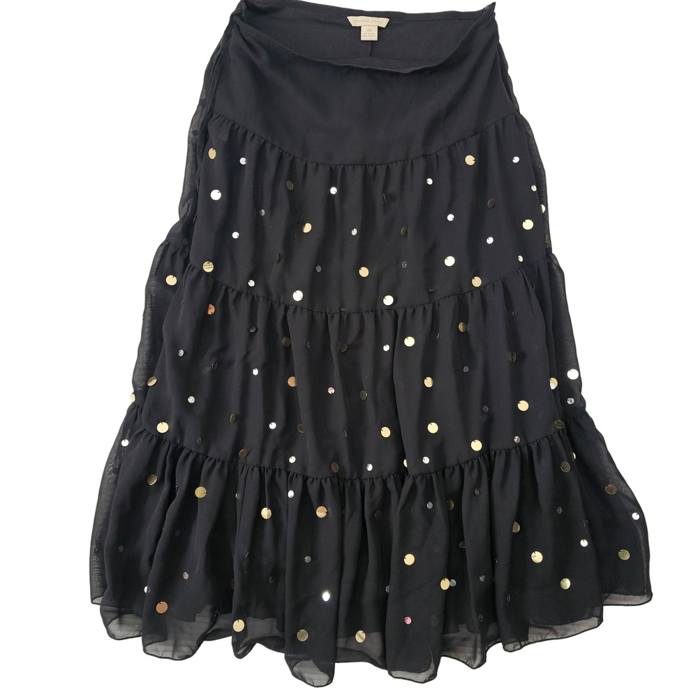 Jonathan Martin Black Tiered Sequin Midi Skirt Metallic Gold Silver Accents M